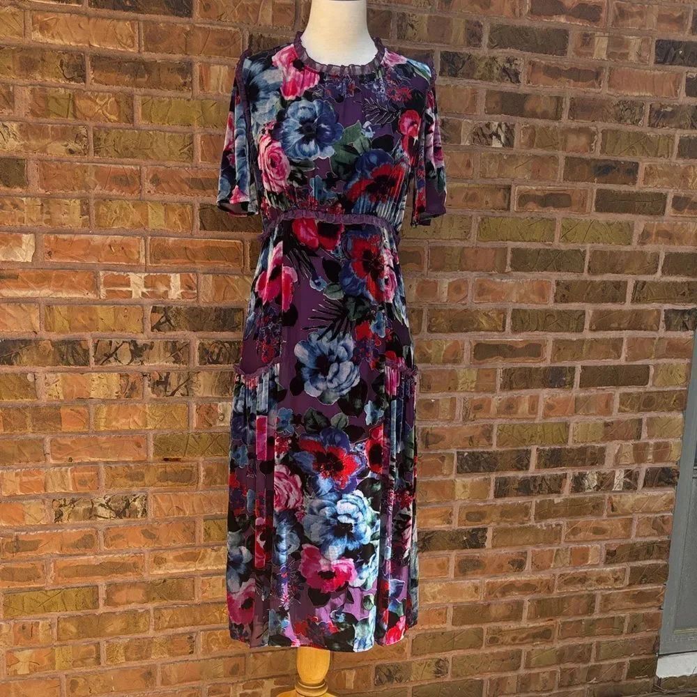 Johnny Was Jade Floral Velvet Midi Dress in Purple S